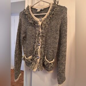 Elegant Black and Cream Women's Cardigan with Fringe